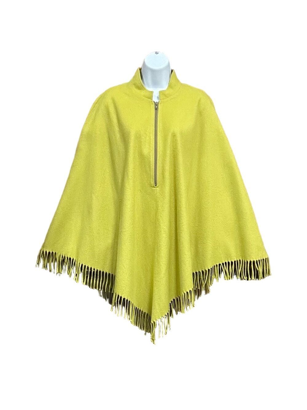 Chartreuse fringe quarter zip poncho cape wool poly blend